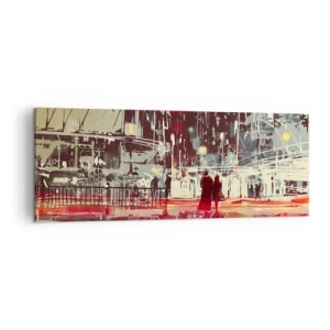Bild auf Leinwand - Leinwandbild - Stadt bei Nacht mit Neonlichtern und Silhouetten von Menschen auf der Straße - 140x50cm - Eine große Stadtüberquerung - Moderne Wanddekoration für Wohnzimmer und Schlafzimmer ARTTOR