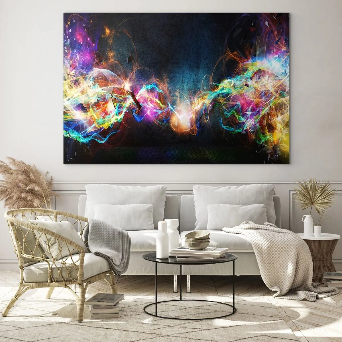 Glasbild - Bild auf glas - Abstrakte Lichter und farbenfrohe Energie im futuristischen Stil - 70x50cm - Freudig gegen die Dunkelheit - Moderne Wanddekoration für Wohnzimmer und Schlafzimmer ARTTOR