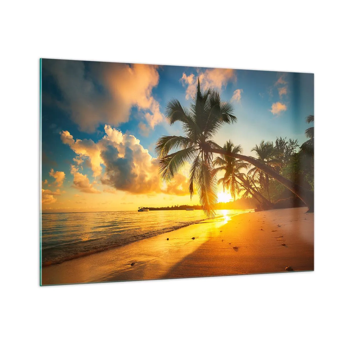 Glasbild - Bild auf glas - Tropischer Strand mit Palmen bei Sonnenuntergang - 100x70cm - Karibischer Traum - Moderne Wanddekoration für Wohnzimmer und Schlafzimmer ARTTOR