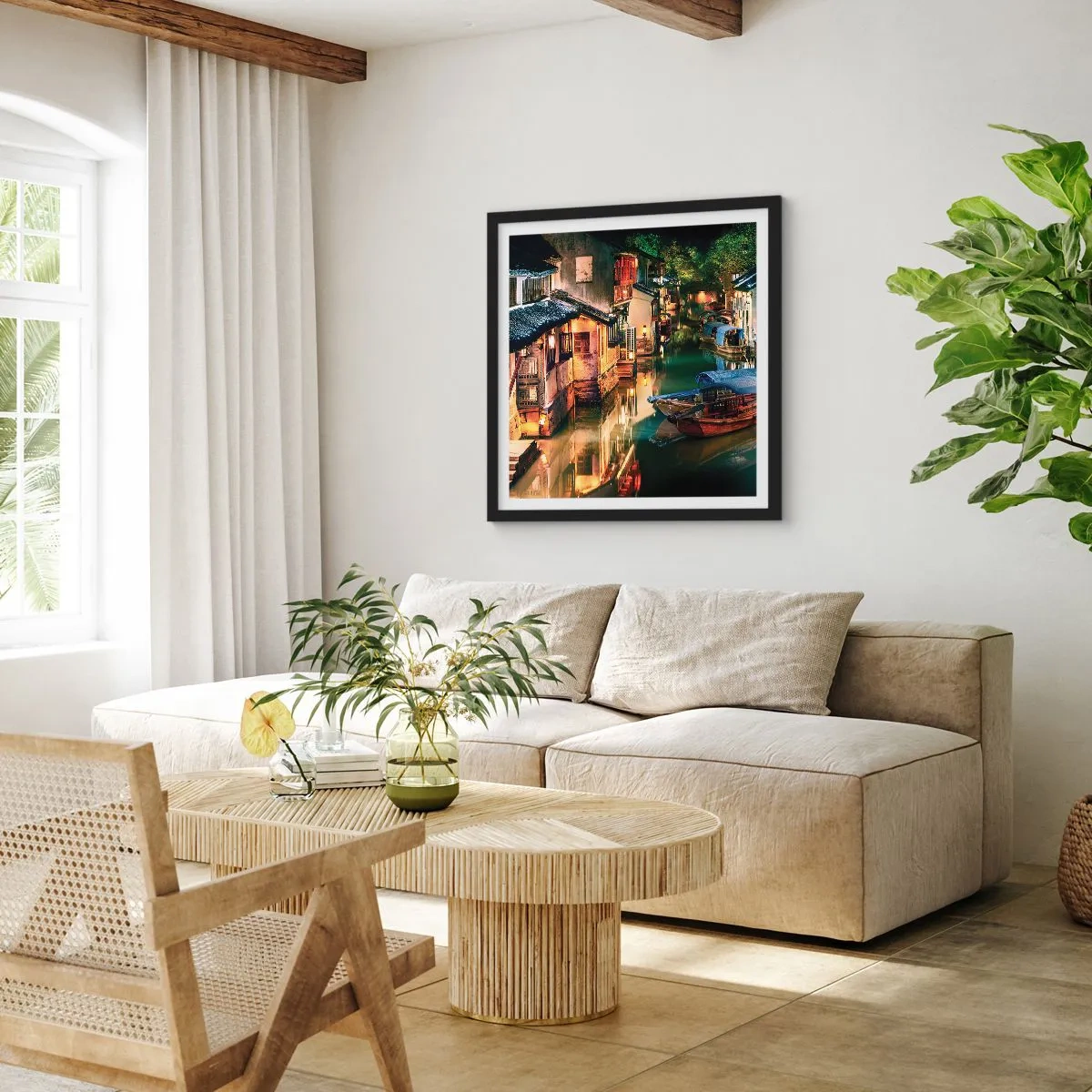 Poster in einem schwarzem Rahmen - Ein Abend auf einer chinesischen Straße - 60x60 cm