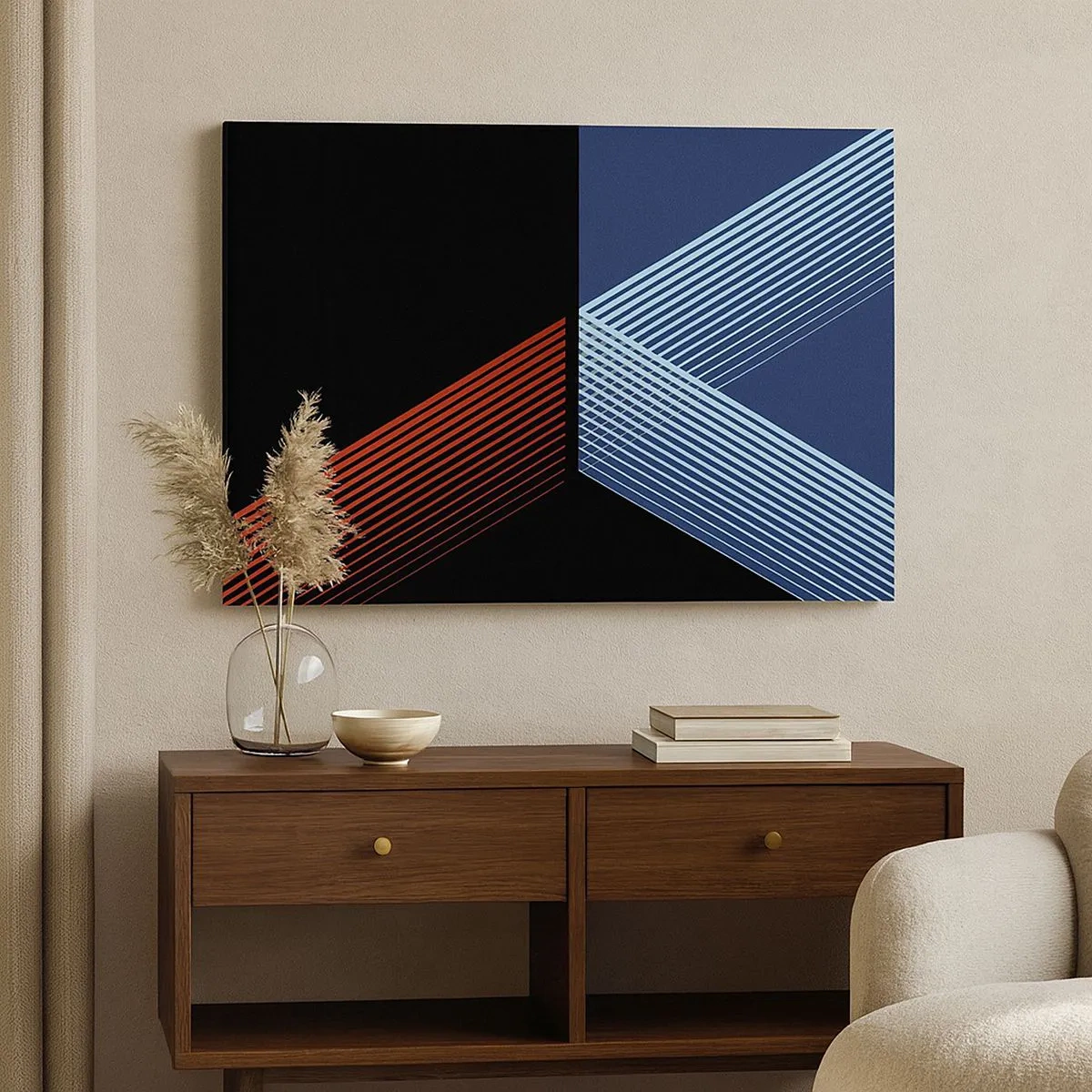Bild auf Leinwand - Leinwandbild - Geometrische Linien in Rot- und Blautönen - 70x50cm - Eine einfache Geschichte - Moderne Wanddekoration für Wohnzimmer und Schlafzimmer ARTTOR