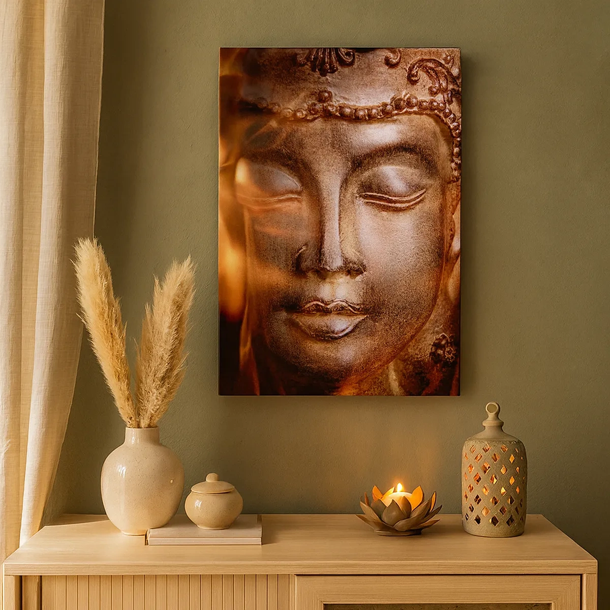 Bild auf Leinwand - Leinwandbild - Eine Buddha-Statue inmitten von Flammen in goldenen Farbtönen - 50x70cm - Es existiert nur hier und jetzt - Moderne Wanddekoration für Wohnzimmer und Schlafzimmer ARTTOR