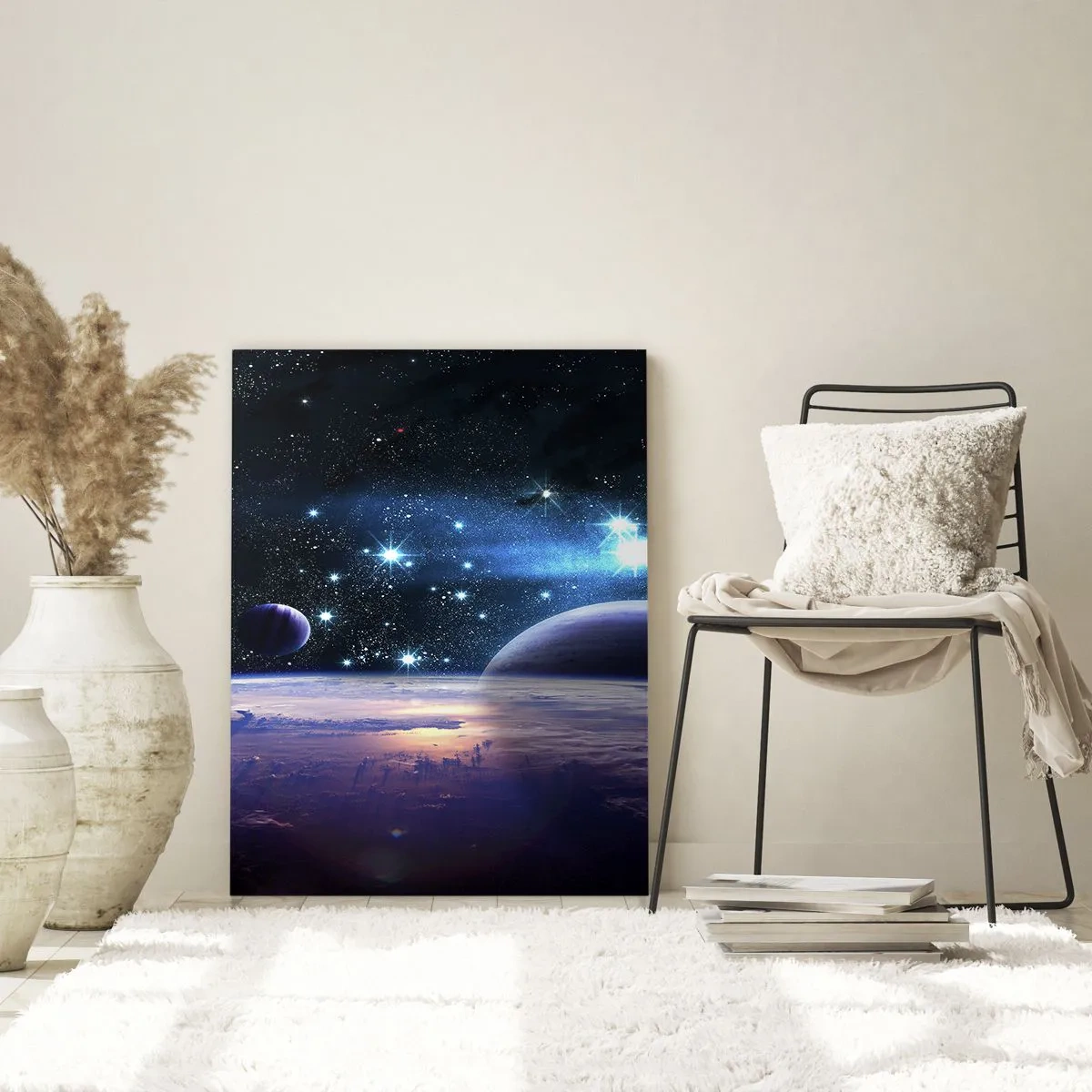 Glasbild - Bild auf glas - Ein Blick in den Weltraum mit Planeten und Sternen - 80x120cm - Noch allein? - Moderne Wanddekoration für Wohnzimmer und Schlafzimmer ARTTOR