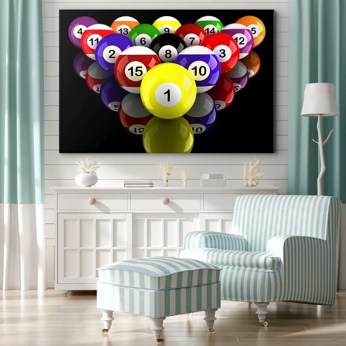 Bild auf Leinwand - Leinwandbild - Bunte Billardkugeln in einem Dreieck auf schwarzem Hintergrund angeordnet - 70x50cm - Verschiedene Spielfarben - Moderne Wanddekoration für Wohnzimmer und Schlafzimmer ARTTOR