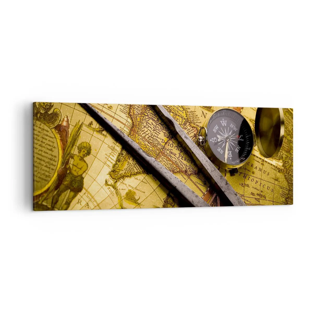 Bild auf Leinwand - Leinwandbild - Eine antike Weltkarte mit einem Kompass und einem Zirkel im Hintergrund - 140x50cm - Wo sind diese Schätze? - Moderne Wanddekoration für Wohnzimmer und Schlafzimmer ARTTOR