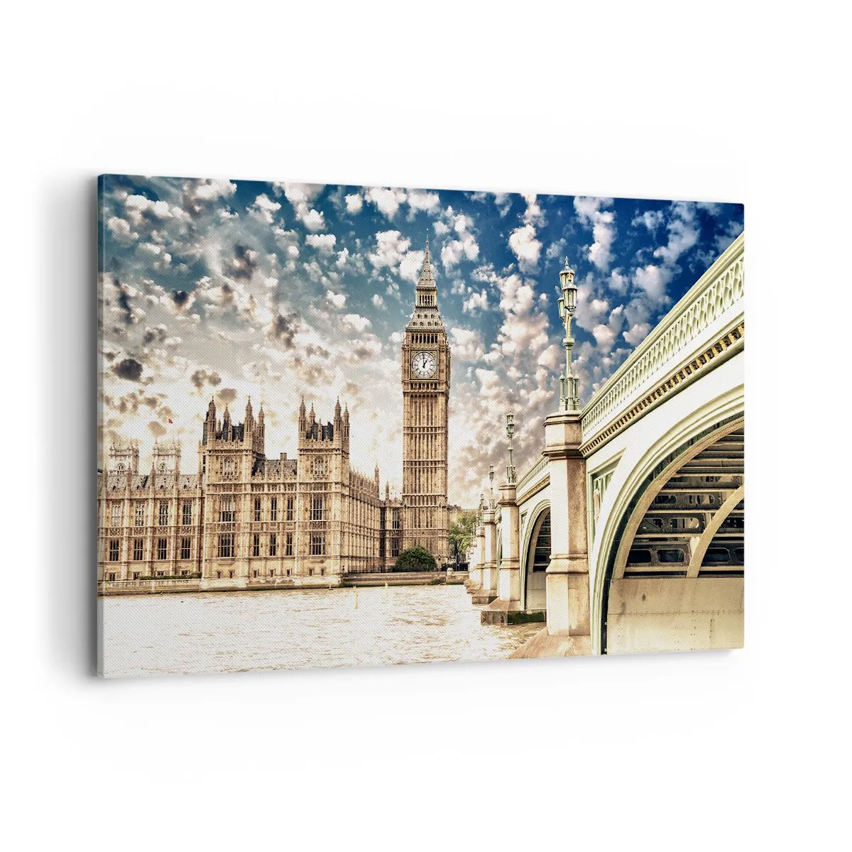 Bild auf Leinwand - Leinwandbild - Big Ben und Westminster Bridge im Sonnenlicht in London - 120x80cm - Federwolken über der Themse - Moderne Wanddekoration für Wohnzimmer und Schlafzimmer ARTTOR