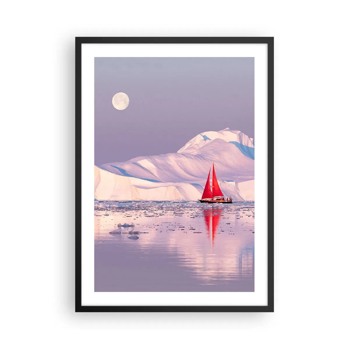 Poster in einem schwarzem Rahmen - Ein rotes Segel vor dem Hintergrund von Eisbergen bei Vollmond - 50x70cm - Die Hitze des Segels, die Kälte des Eises - Moderne Wanddekoration für Wohnzimmer und Schlafzimmer ARTTOR