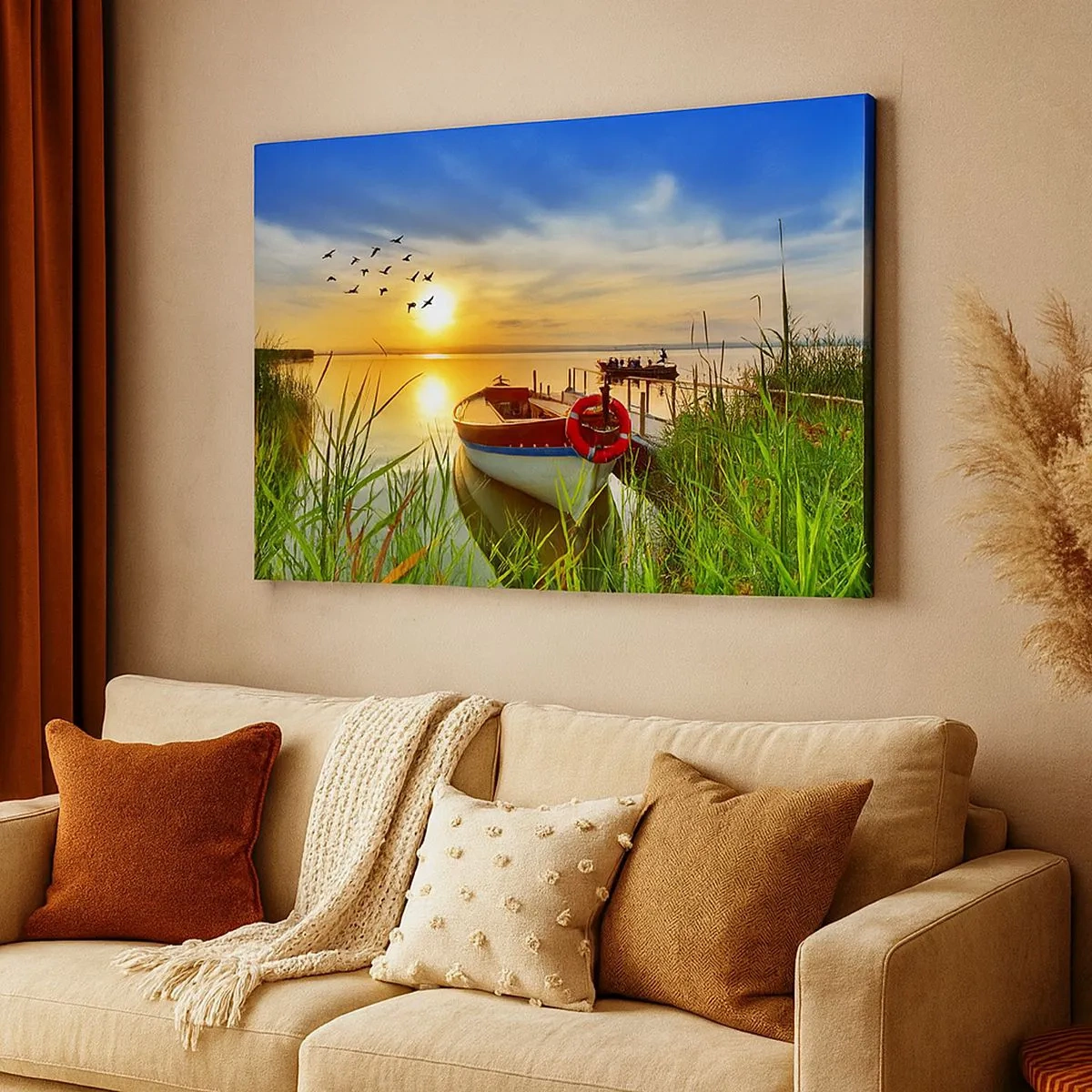 Bild auf Leinwand - Leinwandbild - Ein Boot am Ufer eines Sees bei Sonnenuntergang - 70x50cm - Die Kormorane fliegen schon weg - Moderne Wanddekoration für Wohnzimmer und Schlafzimmer ARTTOR