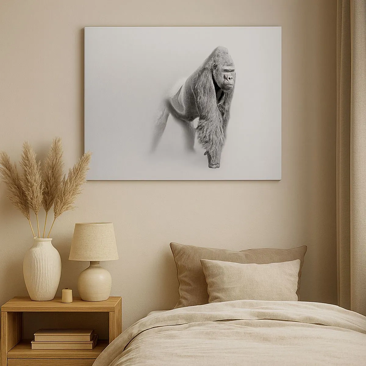 Bild auf Leinwand - Leinwandbild - Gorilla in monochromen Tönen auf weißem Hintergrund - 70x50cm - Zuversichtlich in seiner Stärke - Moderne Wanddekoration für Wohnzimmer und Schlafzimmer ARTTOR