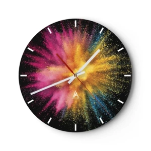 Wanduhr - Glasuhr - Eine Wanduhr in Form einer runden Uhr auf Glas mit dem Effekt einer Explosion aus farbigem Staub in Rosa-, Gelb- und Blautönen auf schwarzem Hintergrund. - 30x30cm - Die Geburt der Farben - Moderne Wanddekoration ARTTOR