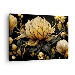 Bild auf Leinwand - Leinwandbild - Goldene Blume auf dunklem Hintergrund - 70x50cm - Subtile Zerbrechlichkeit - Moderne Wanddekoration für Wohnzimmer und Schlafzimmer ARTTOR