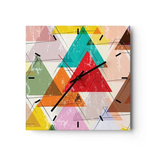 Wanduhr - Glasuhr - Bunte Abstraktion mit geometrischen Dreiecken - 30x30cm - Drei mal drei - Moderne Wanddekoration für Wohnzimmer und Schlafzimmer ARTTOR