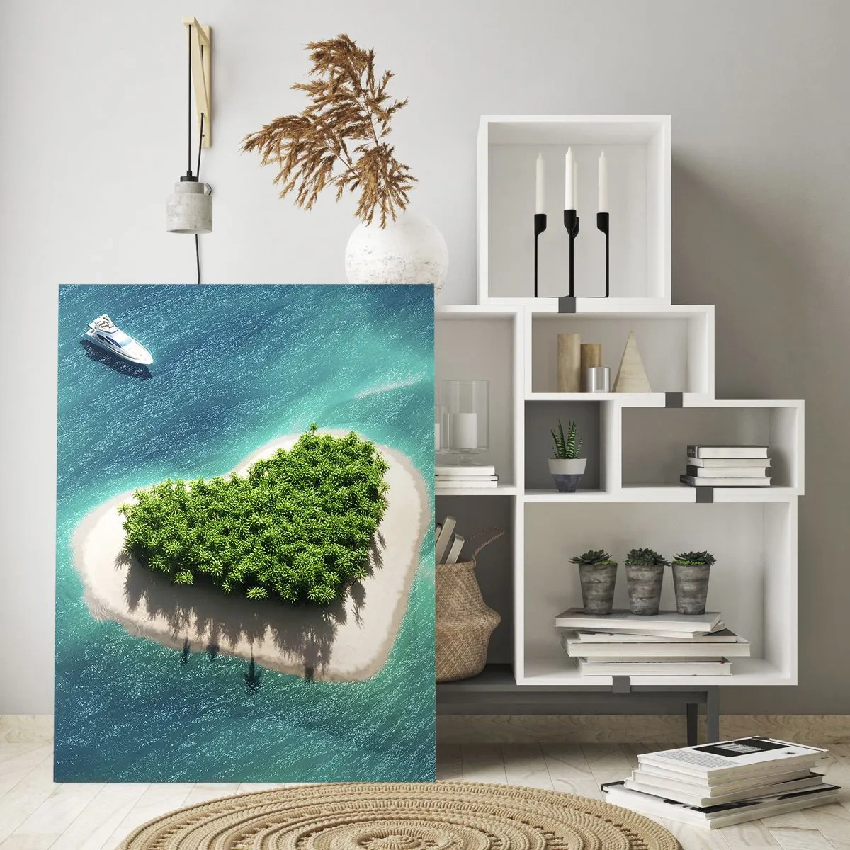 Glasbild - Bild auf glas - Illustration einer herzförmigen Insel mit einem Boot vor einem türkisfarbenen Meer - 50x70cm - ich liebe Sommer - Moderne Wanddekoration für Wohnzimmer und Schlafzimmer ARTTOR