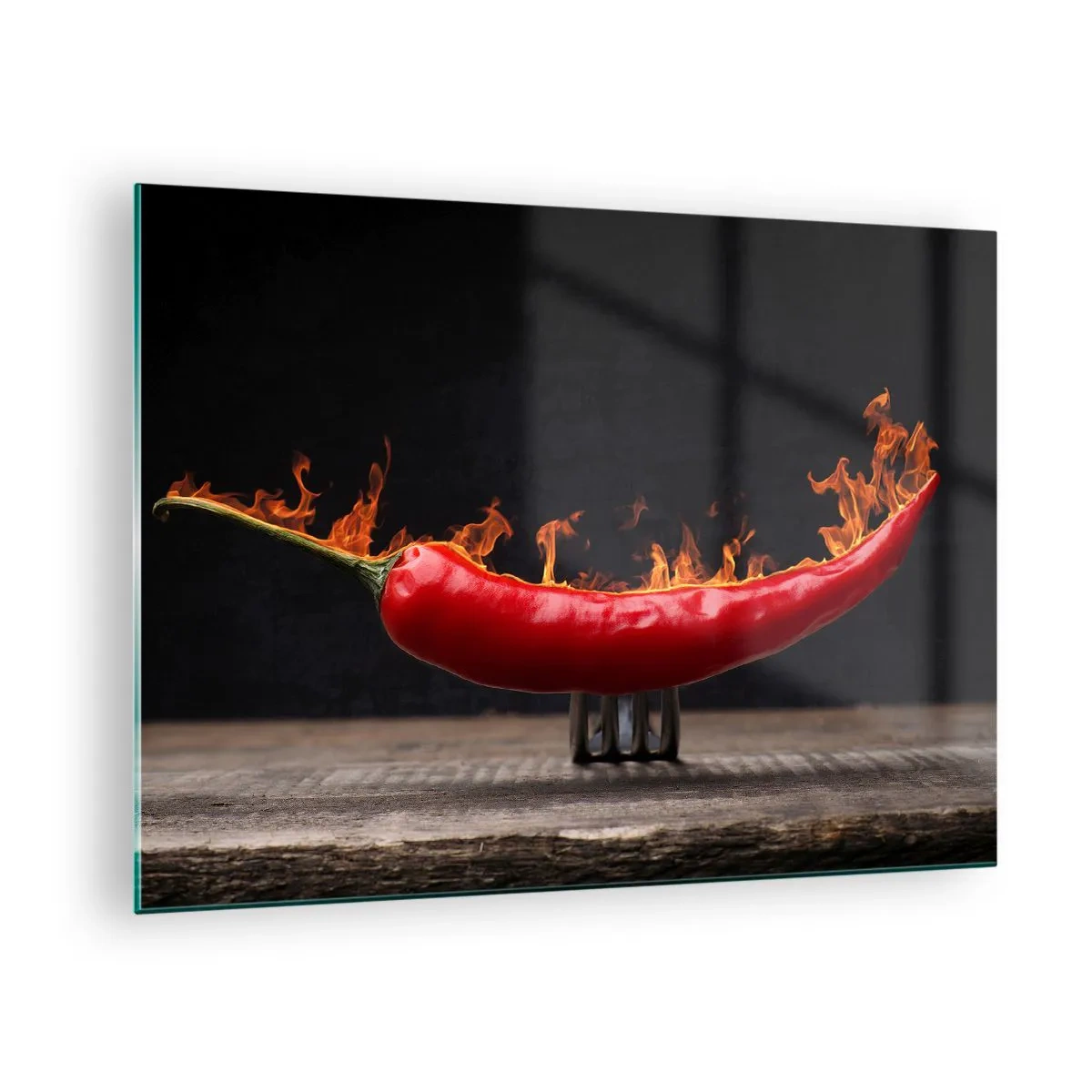 Glasbild - Bild auf glas - Brennende rote Chilischote auf schwarzem Hintergrund - 70x50cm - Eine feurige Vorspeise - Moderne Wanddekoration für Wohnzimmer und Schlafzimmer ARTTOR