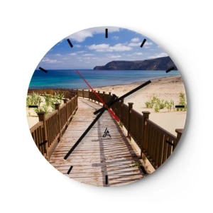Wanduhr - Glasuhr - Eine hölzerne Fußgängerbrücke, die zum Strand am blauen Meer führt - 30x30cm - Bring mich zu den glücklichen Inseln - Moderne Wanddekoration für Wohnzimmer, Küche und Schlafzimmer ARTTOR