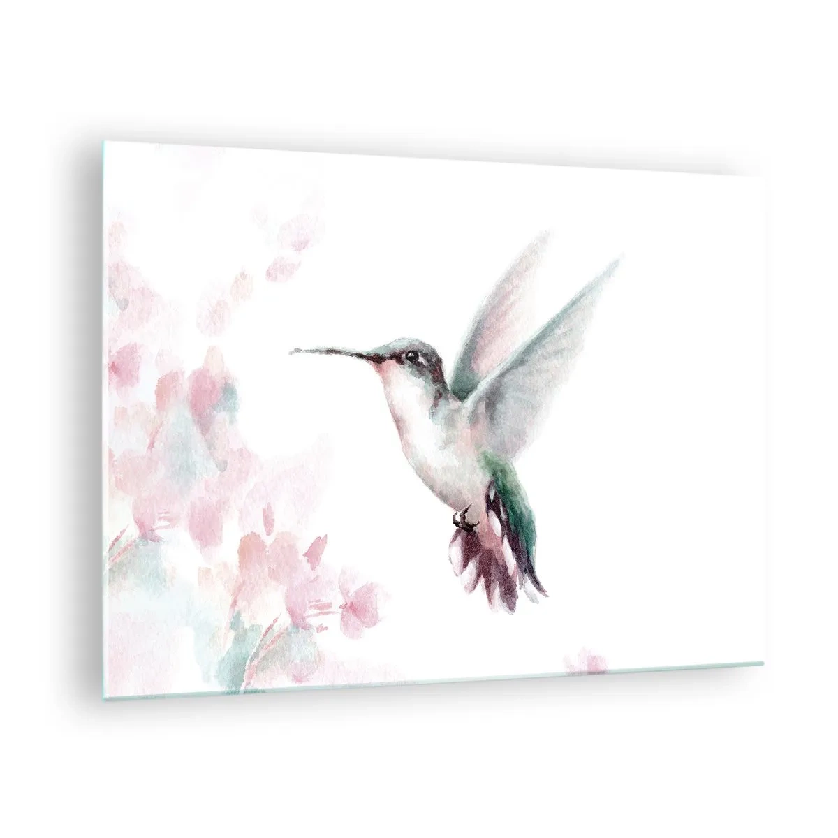 Glasbild - Bild auf glas - Bunter Kolibri in zartem Aquarell - 70x50cm - Im Flattern gehalten - Moderne Wanddekoration für Wohnzimmer und Schlafzimmer ARTTOR