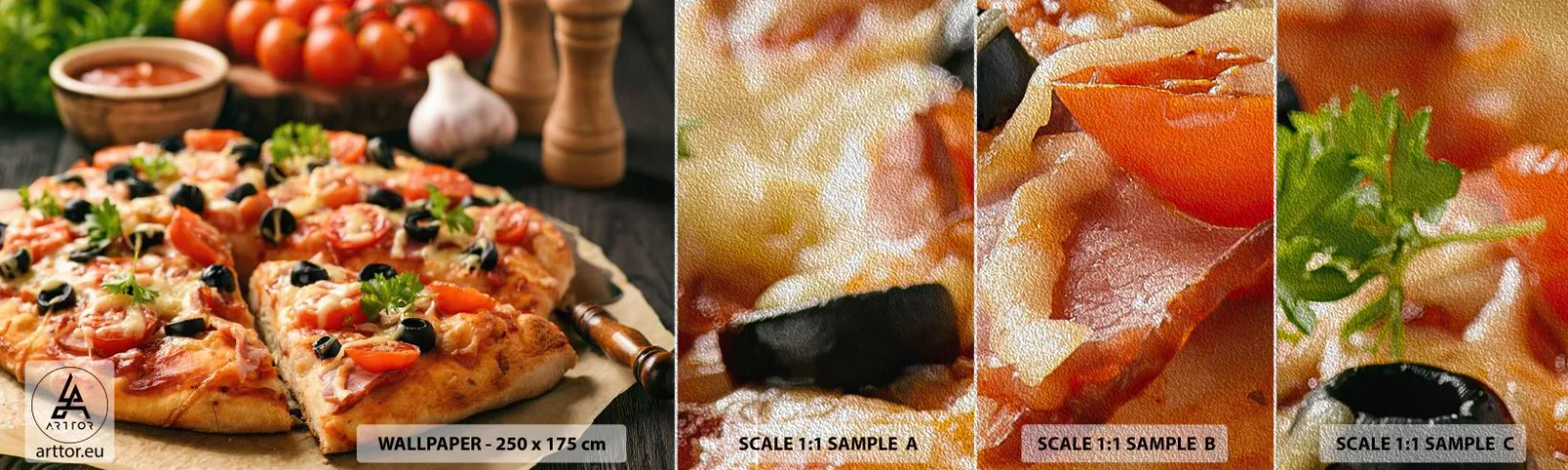 Fototapeten Muster Premium Sand - Du bist schon wieder davongekommen - Gastronomie, Pizza, Tomate - 100x30 cm