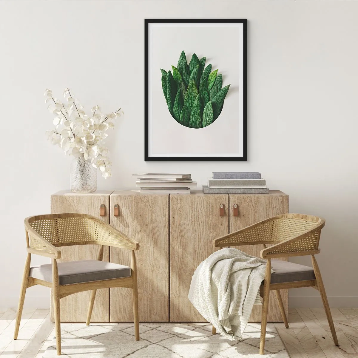 Poster in einem schwarzem Rahmen - Blätter in einer künstlerischen Komposition auf weißem Hintergrund - 50x70cm - Ungebremste Neugier - Moderne Wanddekoration für Wohnzimmer und Schlafzimmer ARTTOR