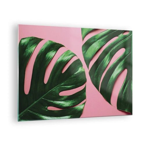 Glasbild - Bild auf glas - Grüne Monstera-Blätter auf rosa Hintergrund - 70x50cm - Rendezvous im Grünen - Moderne Wanddekoration für Wohnzimmer und Schlafzimmer ARTTOR