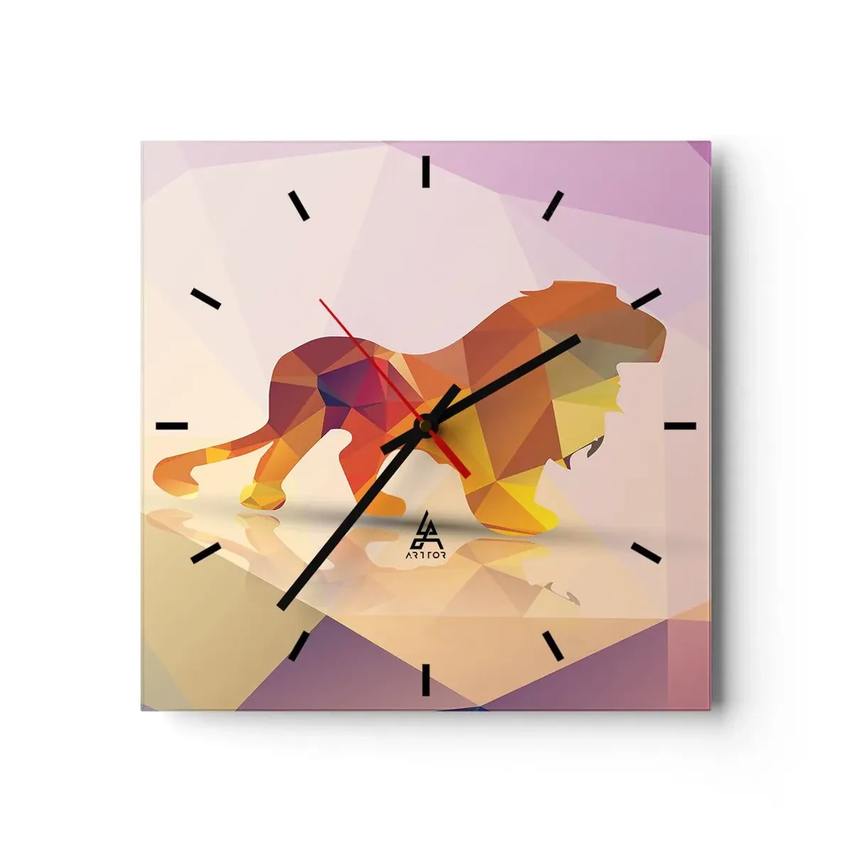 Wanduhr - Glasuhr - Geometrische Silhouette eines Löwen in Gelb- und Orangetönen - 30x30cm - Der Diamantenkönig - Moderne Wanddekoration für Wohnzimmer und Schlafzimmer ARTTOR
