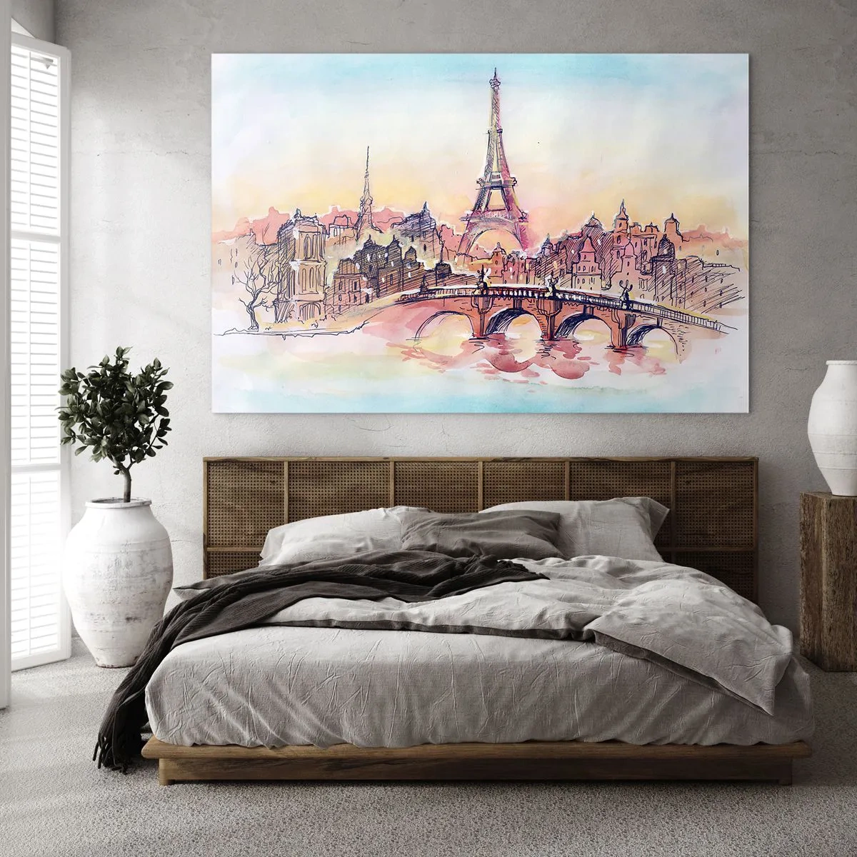 Glasbild - Bild auf glas - Ein Panorama von Paris mit dem Eiffelturm in einem zarten Aquarellstil - 70x50cm - Die einzige Stadt dieser Art auf der Welt - Moderne Wanddekoration für Wohnzimmer und Schlafzimmer ARTTOR