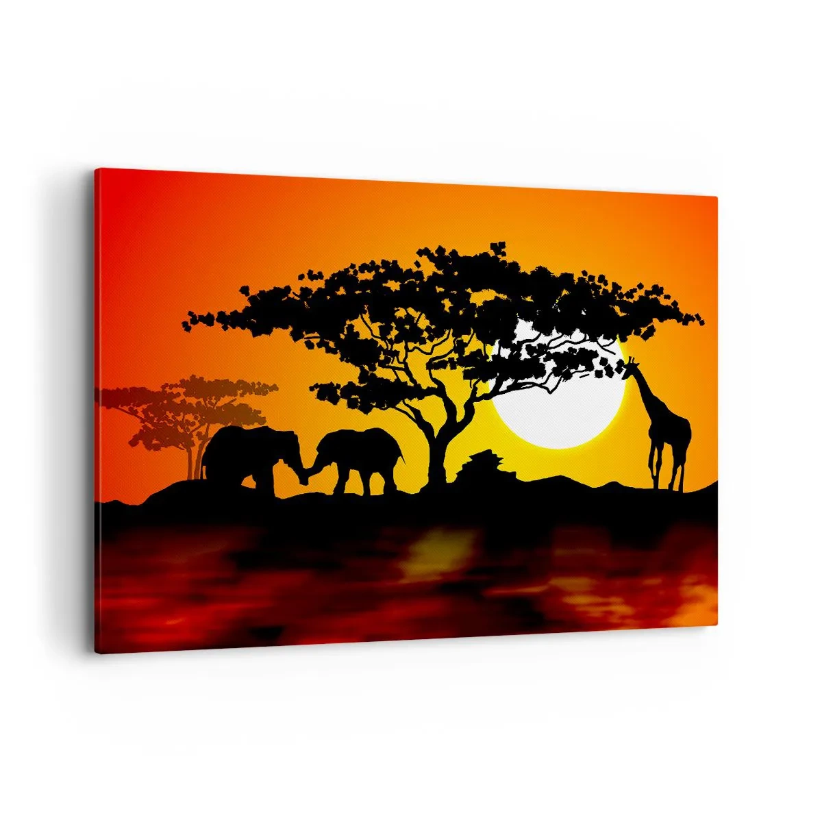 Bild auf Leinwand - Leinwandbild - Afrikanischer Sonnenuntergang mit Silhouetten von Elefanten und Giraffen über dem Wasser - 100x70cm - Treffen in der Savanne - Moderne Wanddekoration für Wohnzimmer und Schlafzimmer ARTTOR