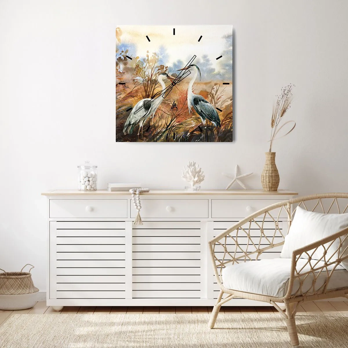 Wanduhr - Glasuhr - Zwei Reiher vor dem Hintergrund einer herbstlichen Landschaft - 30x30cm - Wohin im Herbst? - Moderne Wanddekoration für Wohnzimmer und Schlafzimmer ARTTOR