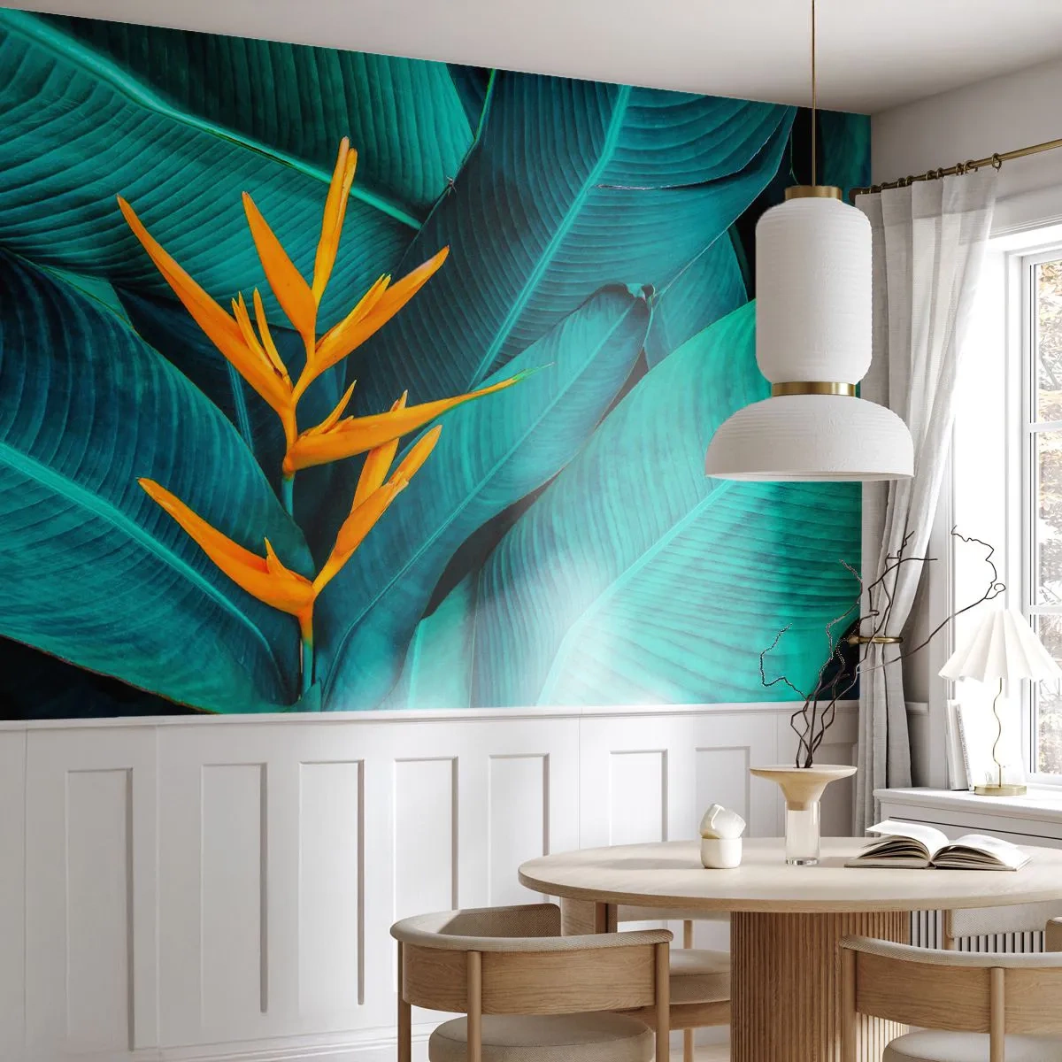 Fototapete Premium Sand - Eine orangefarbene Blume vor einem Hintergrund aus türkisfarbenen Blättern - 100x70cm - Eden-Blume - Moderne Wanddekoration für Wohnzimmer und Schlafzimmer ARTTOR
