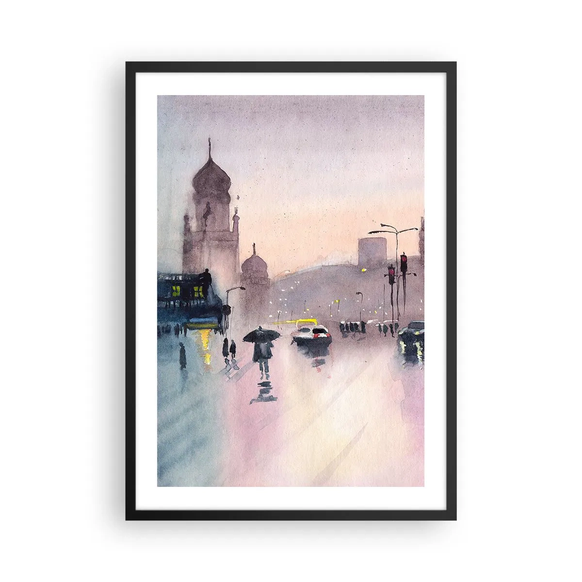Poster in einem schwarzem Rahmen - Stadtszene mit Silhouetten von Menschen und Lichtern im Regennebel - 50x70cm - Im regnerischen Dunst - Moderne Wanddekoration für Wohnzimmer und Schlafzimmer ARTTOR