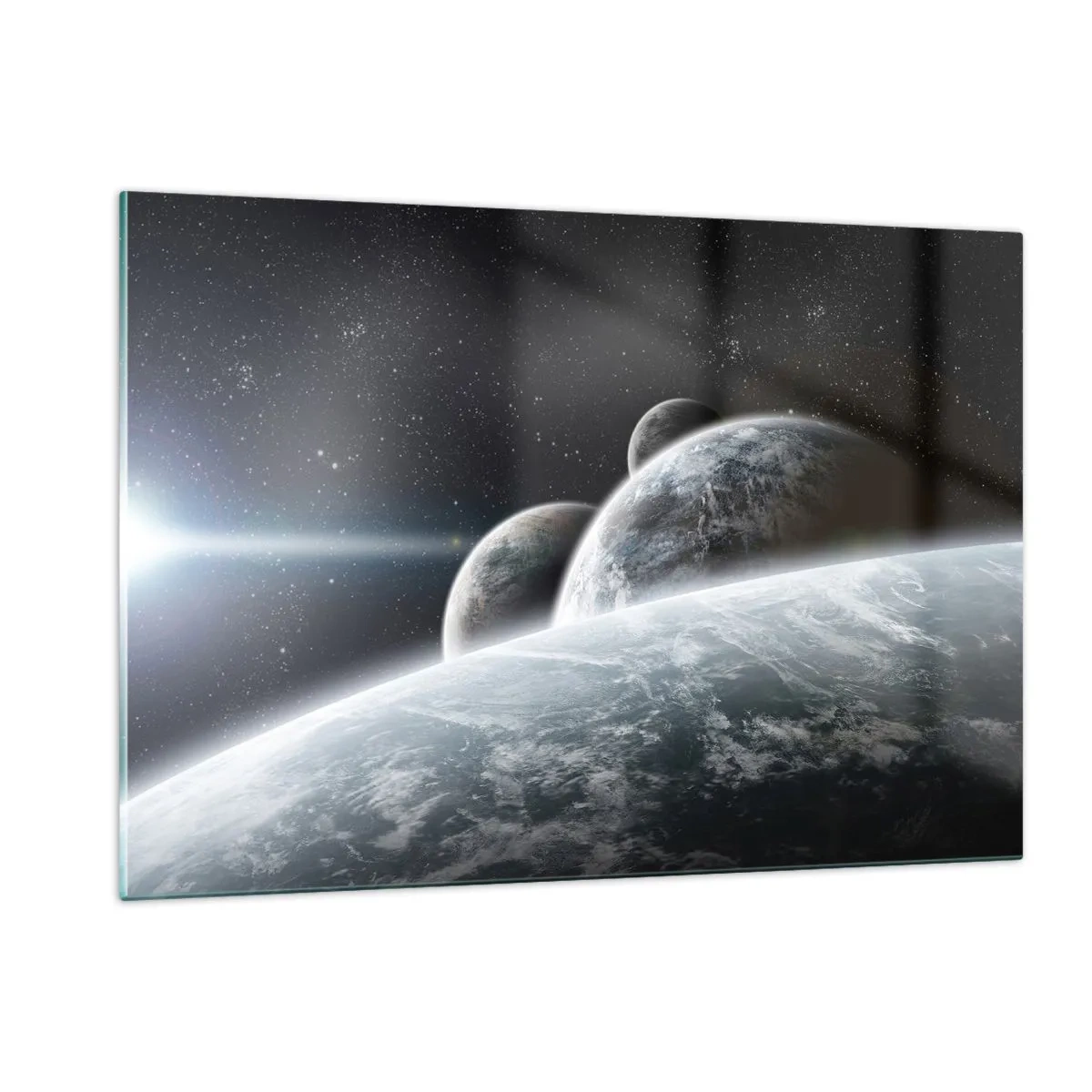 Glasbild - Bild auf glas - Planeten im Weltraum mit einem Lichtstrahl - 120x80cm - Kosmische Musik der Sphären - Moderne Wanddekoration für Wohnzimmer und Schlafzimmer ARTTOR