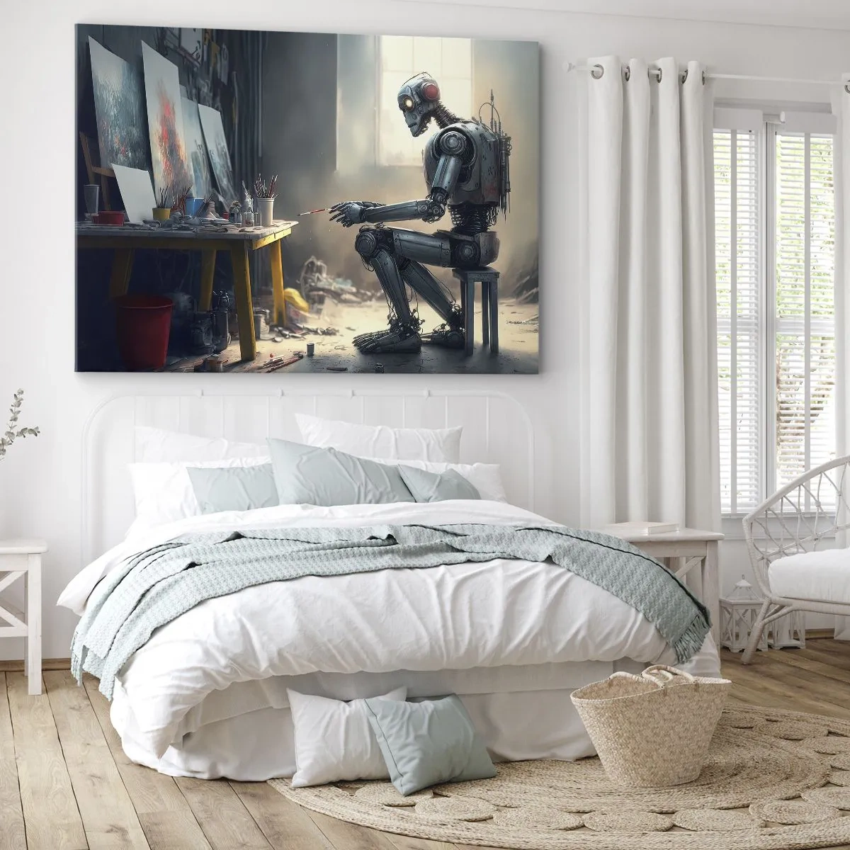 Bild auf Leinwand - Leinwandbild - Ein Roboter malt ein Bild in einem Kunstatelier - 70x50cm - Schöpfungsakt - Moderne Wanddekoration für Wohnzimmer und Schlafzimmer ARTTOR