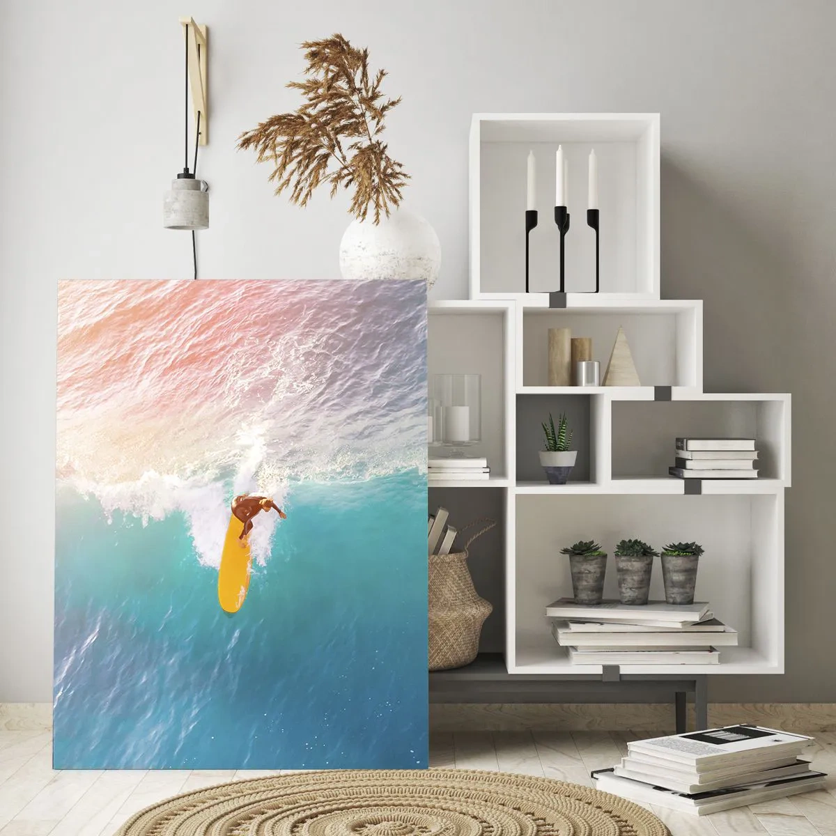 Glasbild - Bild auf glas - Surfer auf einer Welle in Pastellfarben - 80x120cm - Der Ozeanreiter - Moderne Wanddekoration für Wohnzimmer und Schlafzimmer ARTTOR