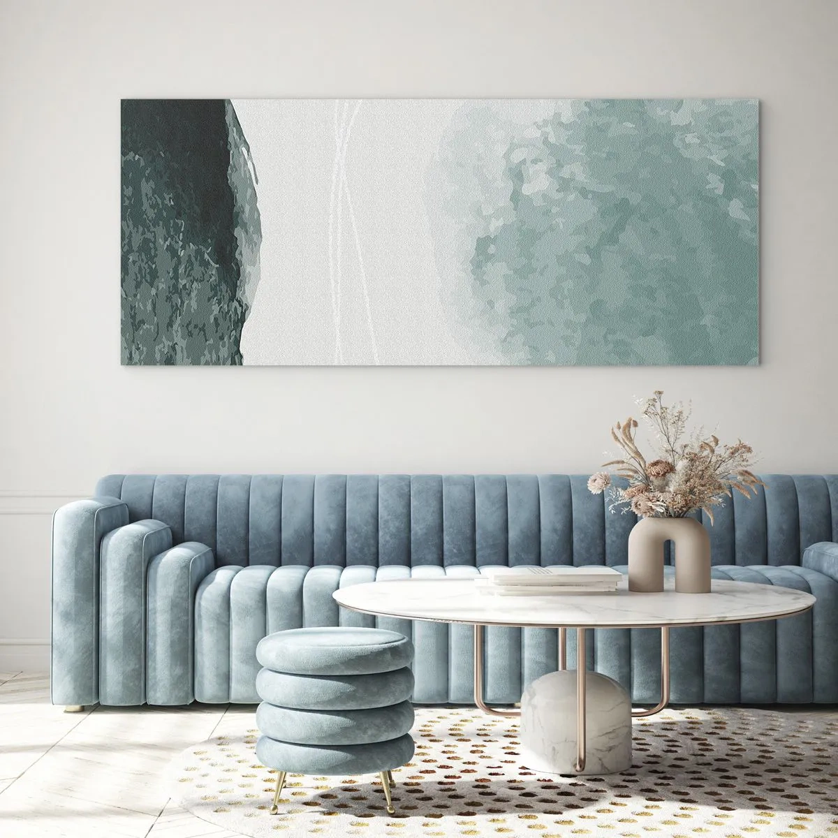 Glasbild - Bild auf glas - Eine zarte abstrakte Komposition in Grüntönen mit subtilen Formen auf hellem Hintergrund. - 160x50cm - Begegnung mit Nebel - Moderne Wanddekoration für Wohnzimmer und Schlafzimmer ARTTOR