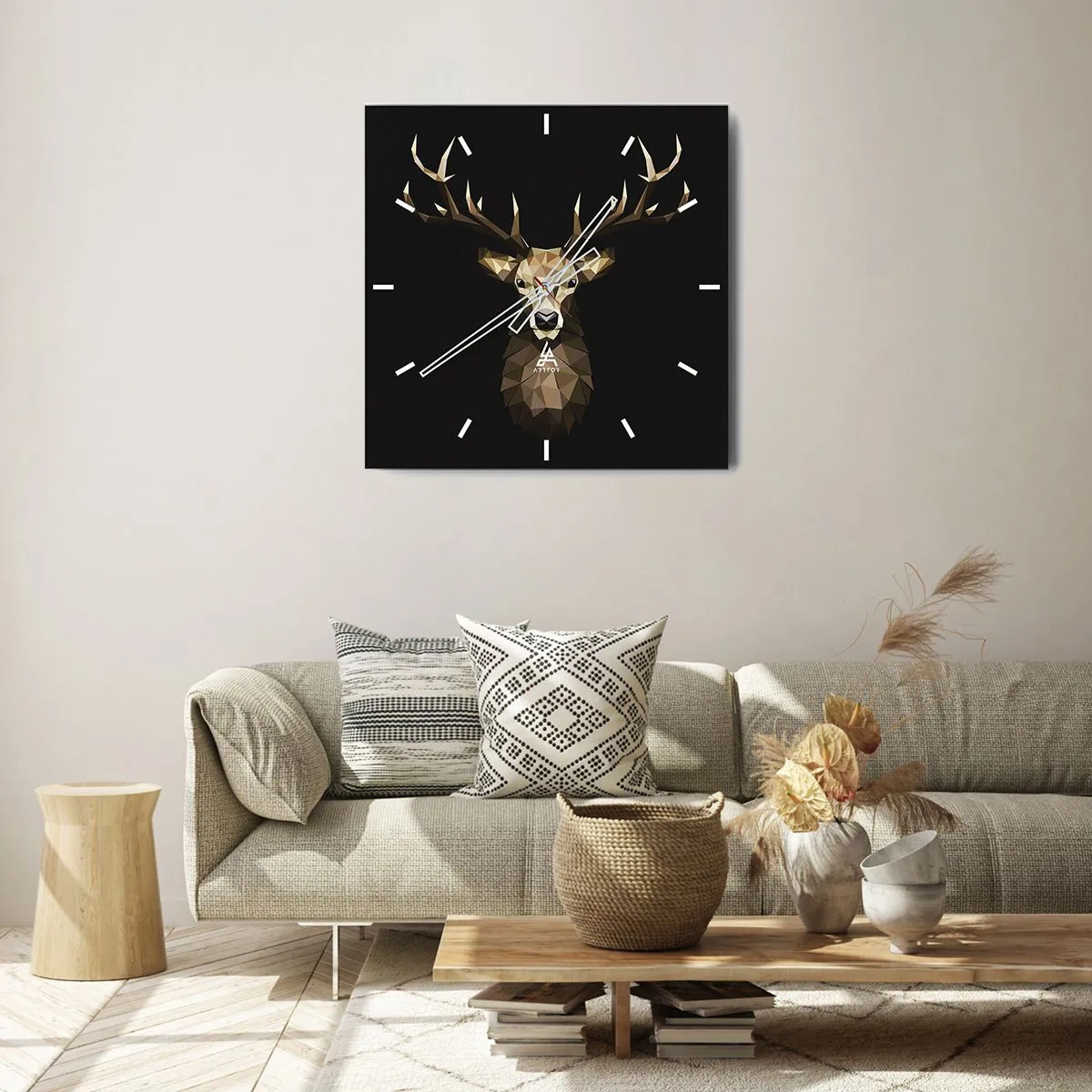 Wanduhr - Glasuhr - Geometrisches Polygon Hirsch auf schwarzem Hintergrund - 30x30cm - Kubistischer Hirsch - Moderne Wanddekoration für Wohnzimmer und Schlafzimmer ARTTOR