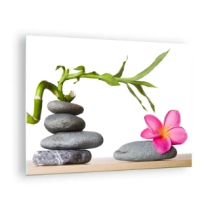 Glasbild - Bild auf glas - Bambus, rosa Blume und Steine auf weißem Hintergrund - 70x50cm - Farben des Lebens und der Dauer - Moderne Wanddekoration für Wohnzimmer und Schlafzimmer ARTTOR