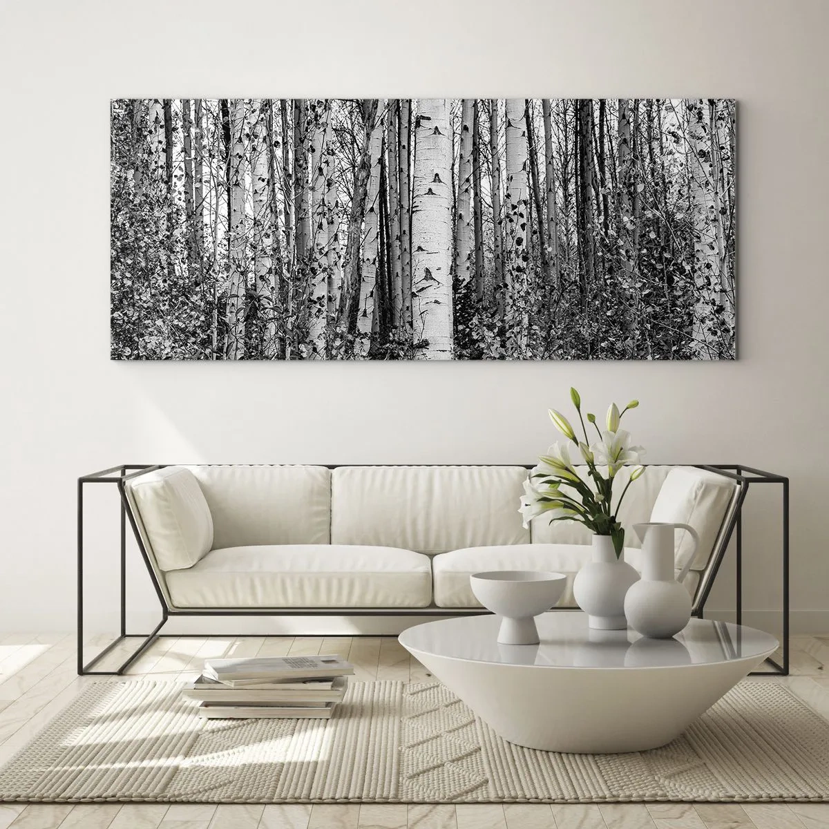 Glasbild - Bild auf glas - Schwarz-weiße Birken im Wald - 140x50cm - Birkenkolonnade - Moderne Wanddekoration für Wohnzimmer und Schlafzimmer ARTTOR