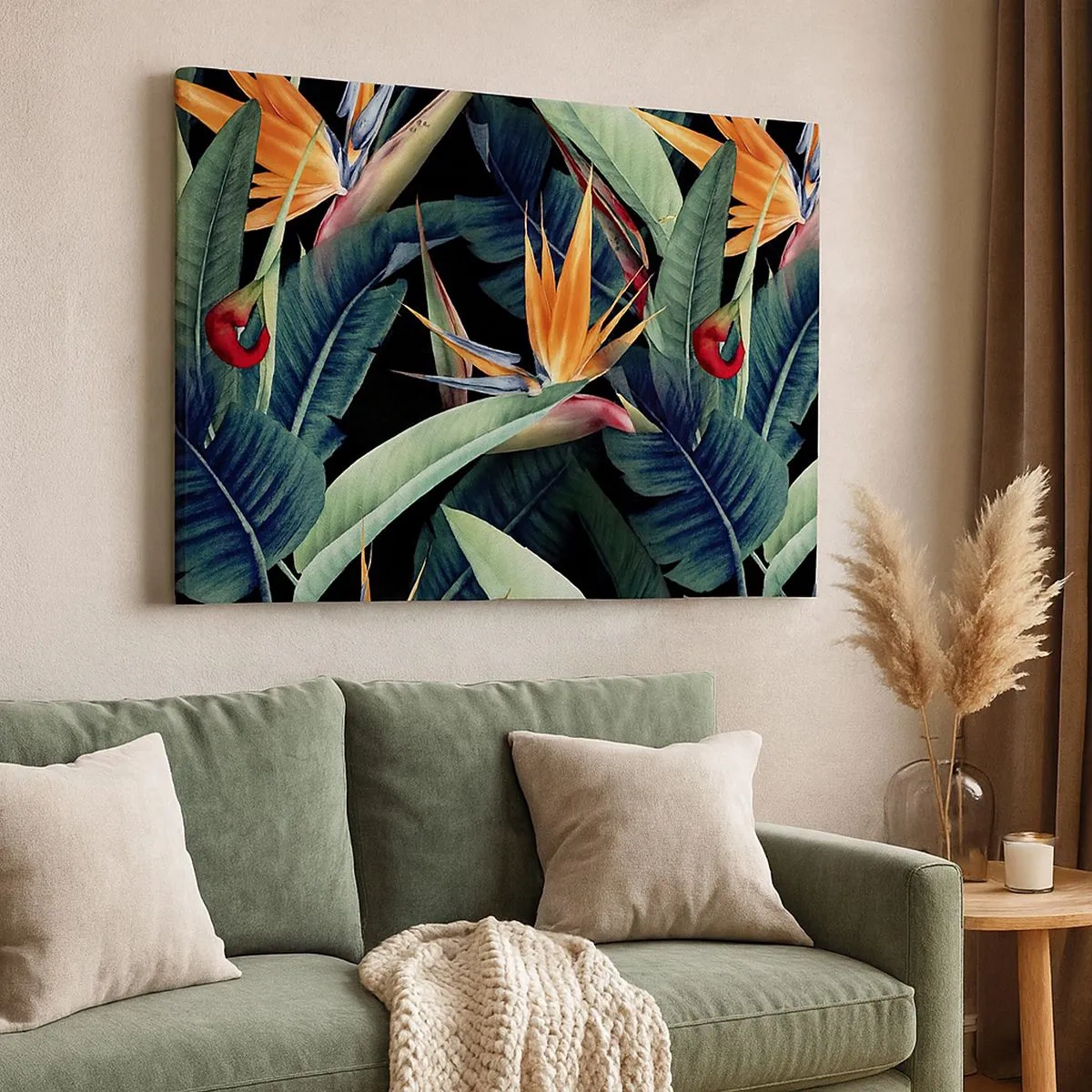 Bild auf Leinwand - Leinwandbild - Tropische Blumen und Blätter auf schwarzem Hintergrund - 70x50cm - Flammende Blumen der Tropen - Moderne Wanddekoration für Wohnzimmer und Schlafzimmer ARTTOR