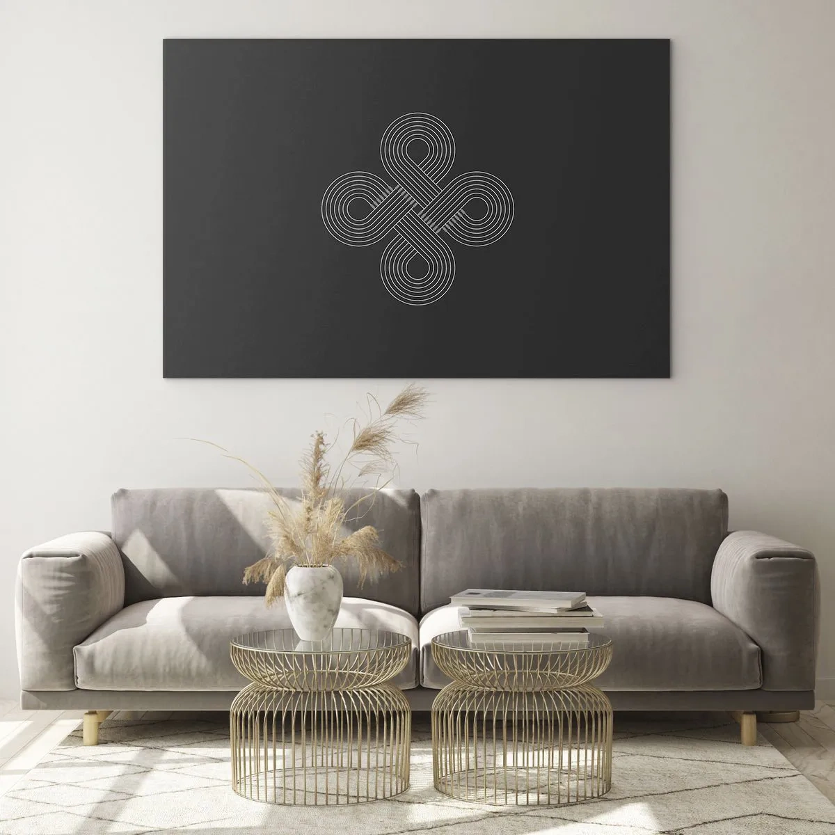 Glasbild - Bild auf glas - Minimalistisches weißes keltisches Symbol auf schwarzem Hintergrund - 120x80cm - Im keltischen Geist - Moderne Wanddekoration für Wohnzimmer und Schlafzimmer ARTTOR