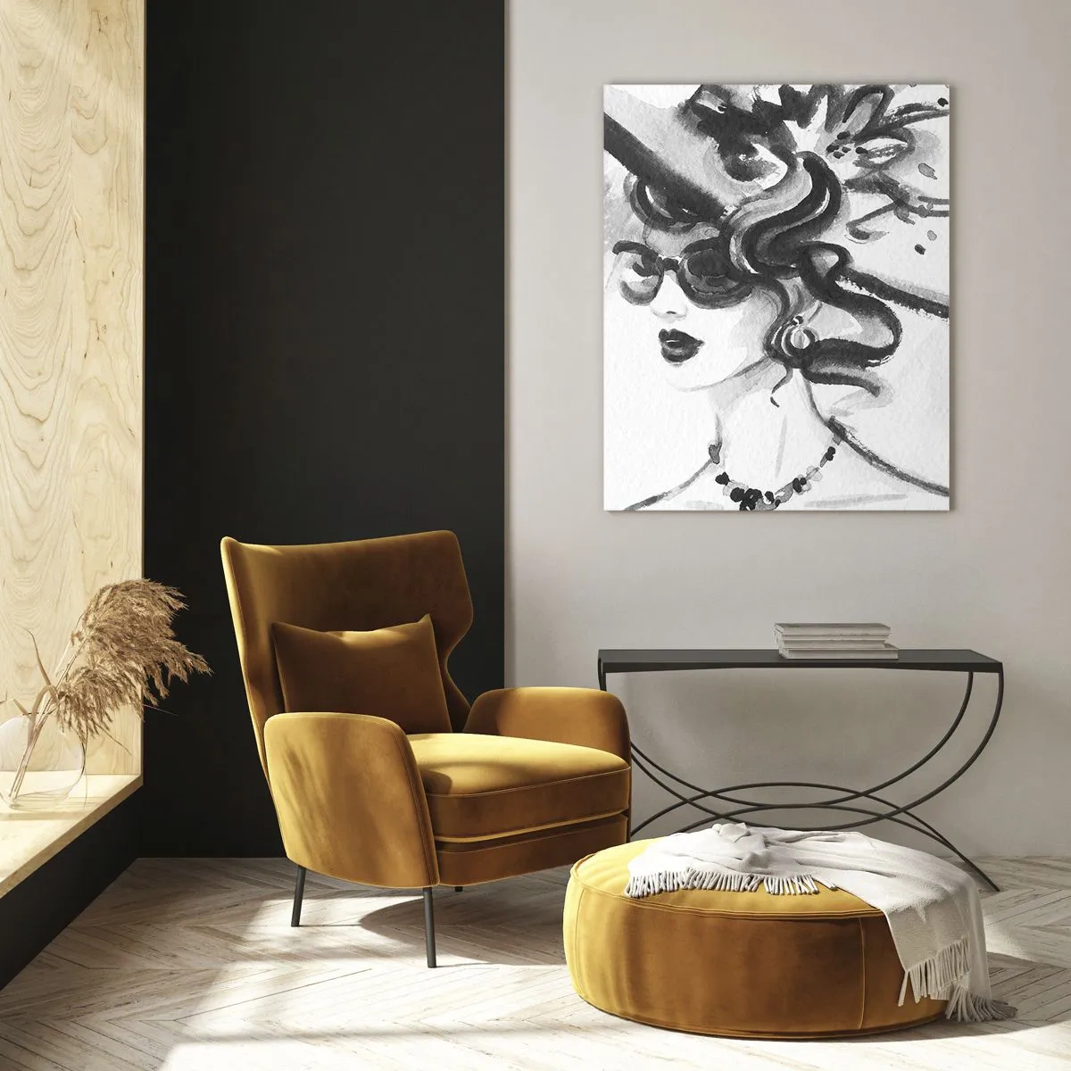 Glasbild - Bild auf glas - Schwarz-Weiß-Porträt einer Frau mit Hut - 50x70cm - Eine Dame mit Charakter - Moderne Wanddekoration für Wohnzimmer und Schlafzimmer ARTTOR