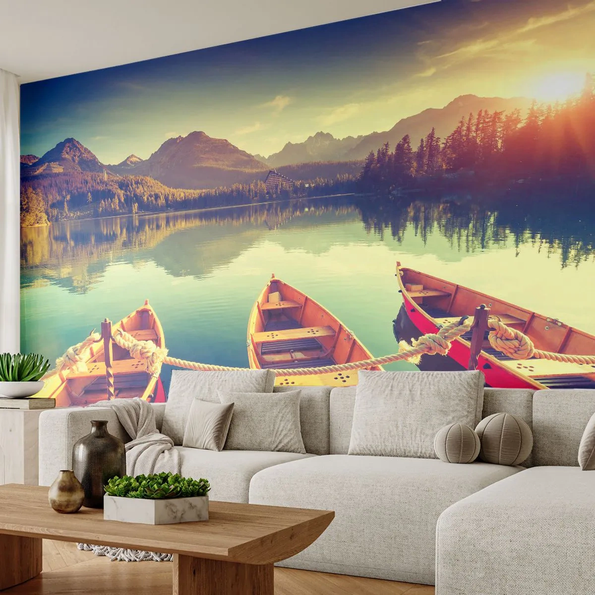 Fototapete Premium Sand - Boote auf einem ruhigen Bergsee bei Sonnenuntergang - 100x70cm - Lebe nach ihren Gesetzen - Moderne Wanddekoration für Wohnzimmer und Schlafzimmer ARTTOR