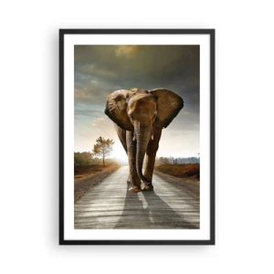 Poster in einem schwarzem Rahmen - Ein Elefant, der bei Sonnenuntergang die Straße entlang läuft - 50x70cm - Und schon gar nicht in einem Porzellanlager - Moderne Wanddekoration für Wohnzimmer und Schlafzimmer ARTTOR