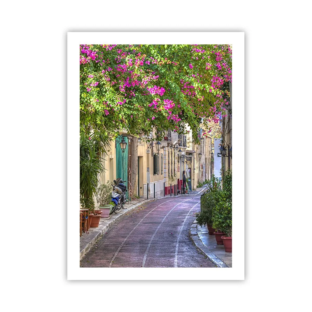 Poster - Eine farbenfrohe Straße mit blühenden Blumen und klassischer Architektur - 50x70cm - Blühende Gasse - Moderne Wanddekoration für Wohnzimmer und Schlafzimmer ARTTOR