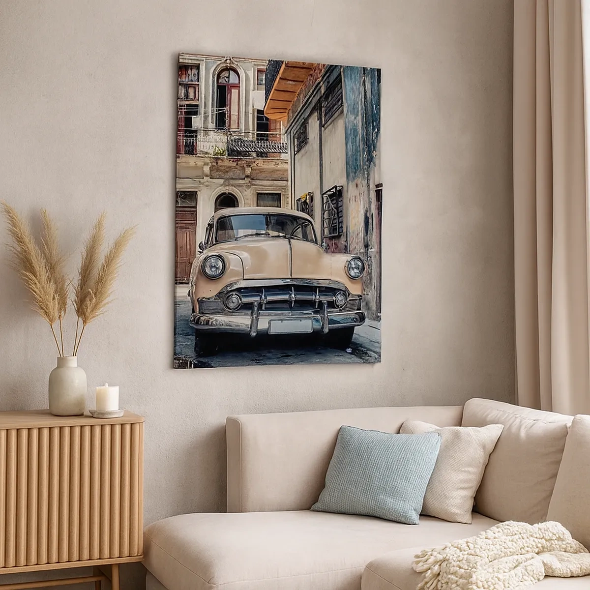 Bild auf Leinwand - Leinwandbild - Ein Oldtimer vor der Kulisse urbaner Architektur - 50x70cm - Die Siesta in Havanna - Moderne Wanddekoration für Wohnzimmer und Schlafzimmer ARTTOR