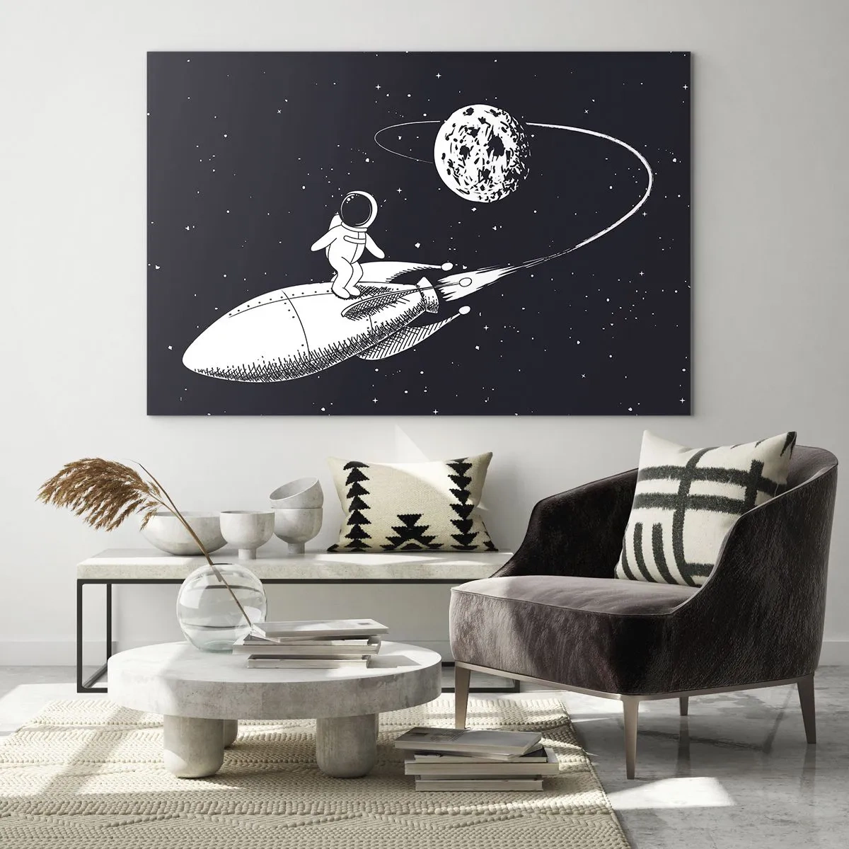 Glasbild - Bild auf glas - Cartoon-Astronaut surft auf einer Rakete im Weltraum - 100x70cm - Weltraumsurfer - Moderne Wanddekoration für Wohnzimmer und Schlafzimmer ARTTOR