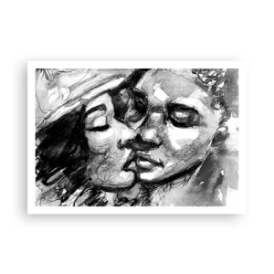 Poster - Ein schwarz-weißes Aquarell, das einen intimen Moment zwischen zwei Menschen darstellt. - 100x70cm - Zärtlicher Moment - Moderne Wanddekoration für Wohnzimmer und Schlafzimmer ARTTOR