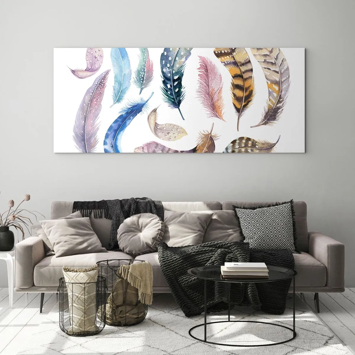 Glasbild - Bild auf glas - Bunte Federn im zarten Aquarell-Stil - 140x50cm - Hell, bunt und bunt - Moderne Wanddekoration für Wohnzimmer und Schlafzimmer ARTTOR