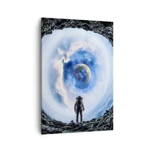 Bild auf Leinwand - Leinwandbild - Astronaut vor einer Weltraumlandschaft mit der Erde im Hintergrund - 70x100cm - Es ist nicht weit von zu Hause - Moderne Wanddekoration für Wohnzimmer und Schlafzimmer ARTTOR