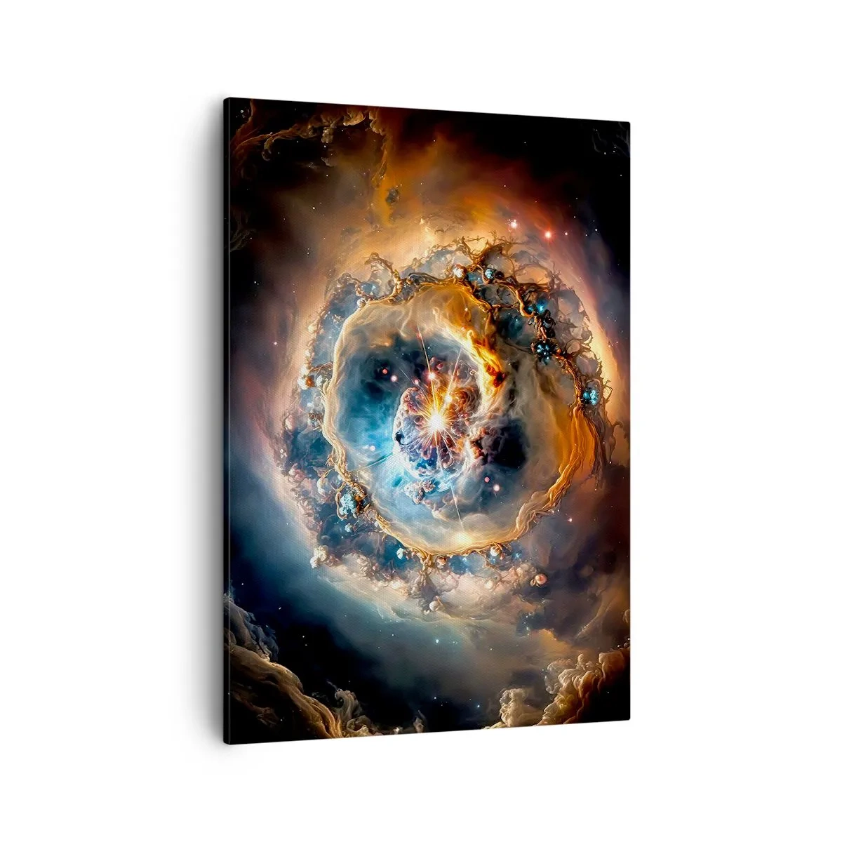 Bild auf Leinwand - Leinwandbild - Eine abstrakte Vision einer kosmischen Explosion in Gold- und Blautönen. - 50x70cm - Anfang - Moderne Wanddekoration für Wohnzimmer und Schlafzimmer ARTTOR