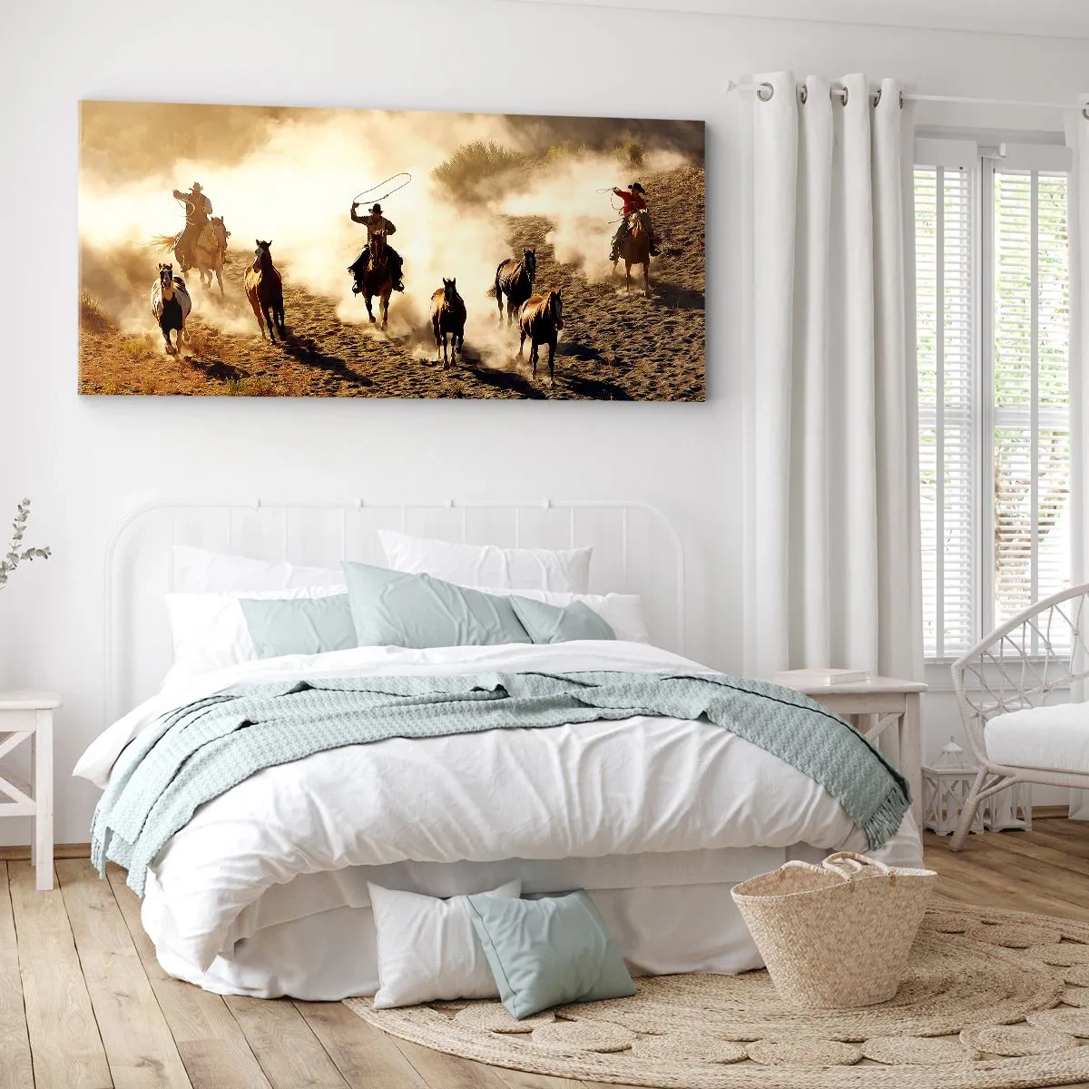 Bild auf Leinwand - Leinwandbild - Cowboys zu Pferd in Aktion im Wüstengelände - 160x50cm - Wirklich wilder Westen - Moderne Wanddekoration für Wohnzimmer und Schlafzimmer ARTTOR