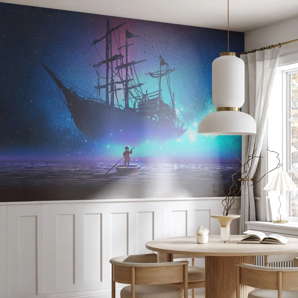 Fototapete Premium Sand - Ein magisches Schiff, das über dem Wasser schwebt - 100x70cm - Begegnung mit dem Mythos des Meeres - Moderne Wanddekoration für Wohnzimmer und Schlafzimmer ARTTOR